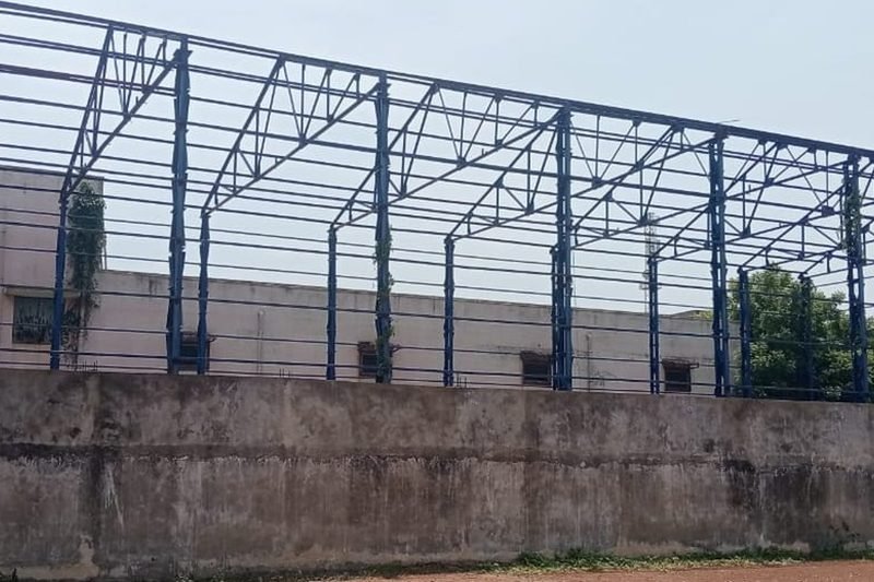Structural steel portal frame erected for an industrial building project