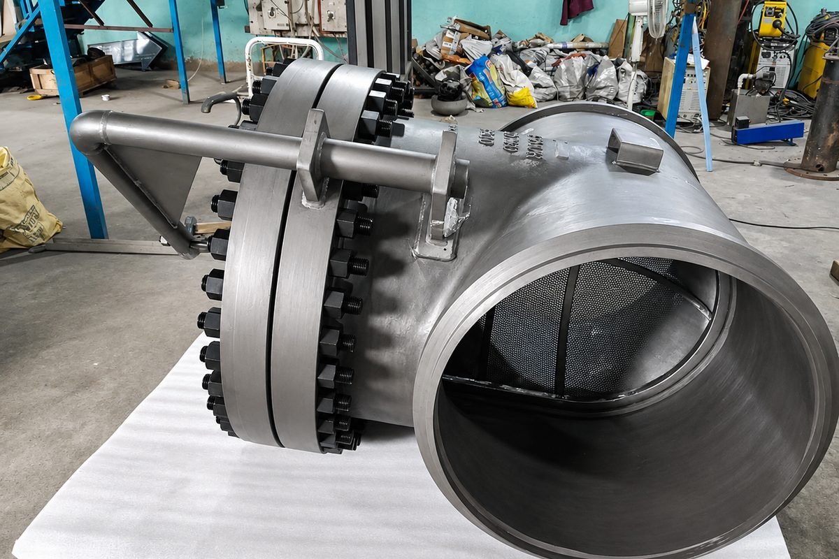 Large bore stainless steel tee strainer with perforated screen fitted, completed on the LKS Industries shop floor
