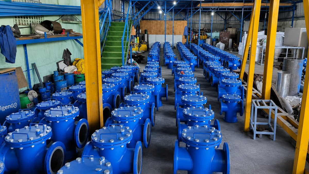 Long rows of blue painted basket strainers with bolted covers and lifting handles, finished and lined up across the LKS Industries shop floor in Ayanambakkam, Chennai
