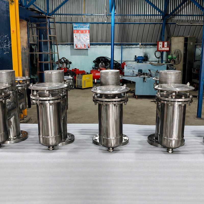 Row of stainless steel air release valves with perforated vent cowls and flanged bases, finished and laid out at the LKS Industries works