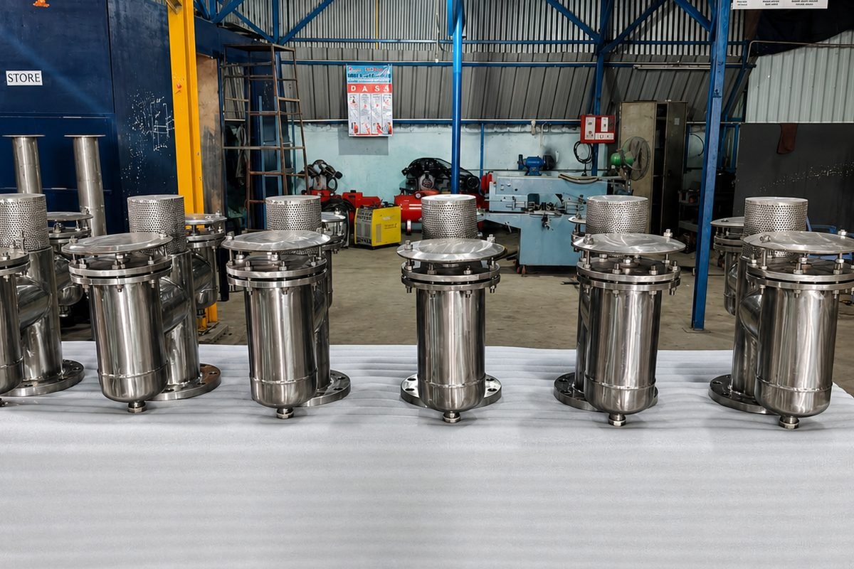Row of stainless steel air release valves with perforated vent cowls and flanged bases, in batch production at the LKS Industries works in Ayanambakkam