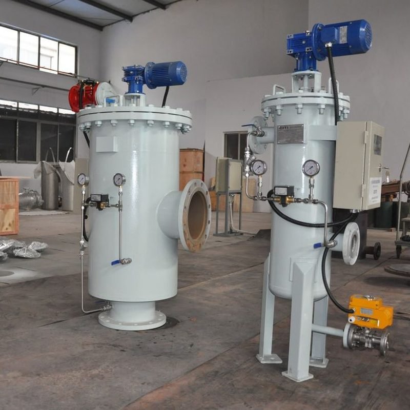 Pair of automatic self-cleaning strainers with electric actuators and control panel, built by LKS Industries