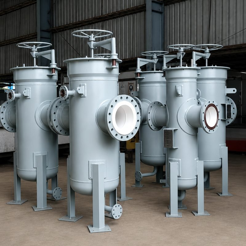 Five large basket strainers in grey painted carbon steel with davit-assisted covers, hand wheel operation, lined bores and welded support legs, finished at the LKS Industries works
