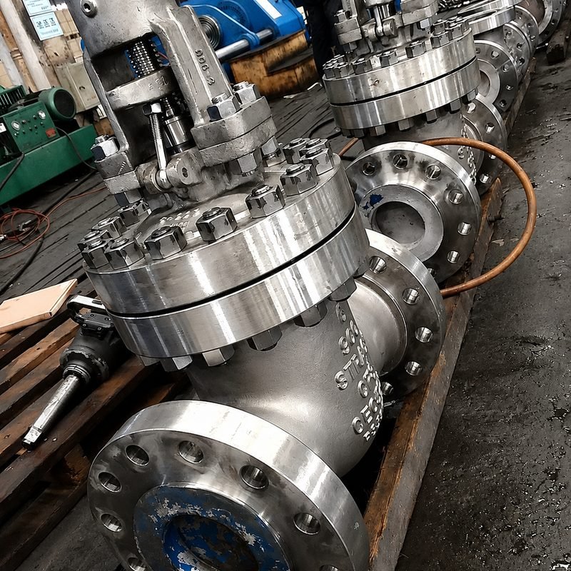 Heavy cast steel industrial valves with bolted bonnets, raised face flanges and yoke assemblies, lined up for assembly at the LKS Industries works