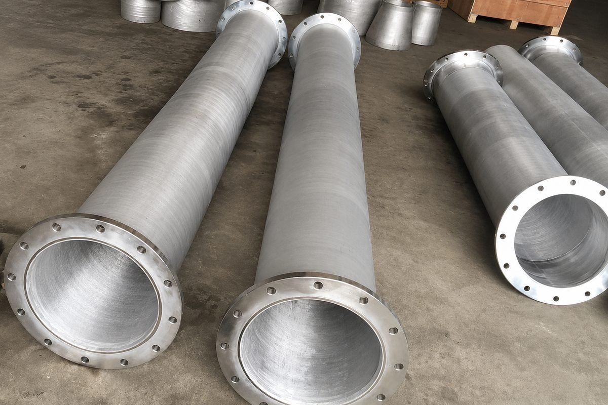 Large bore stainless steel pipe spools with welded flanges laid out on the shop floor, with reducers and fittings stacked behind