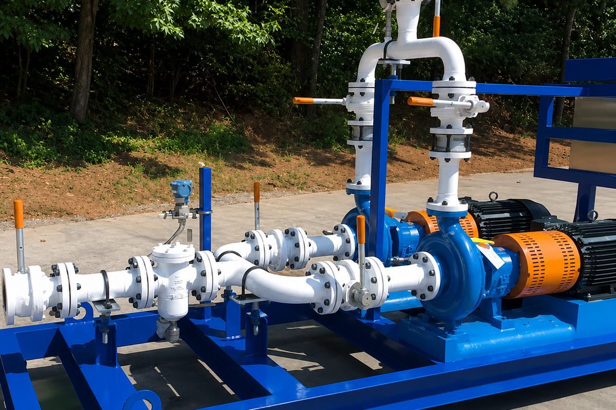 Packaged pump skid on a blue structural base with twin pumps, motors, white flanged piping, isolation valves and instrumentation, assembled and ready to ship