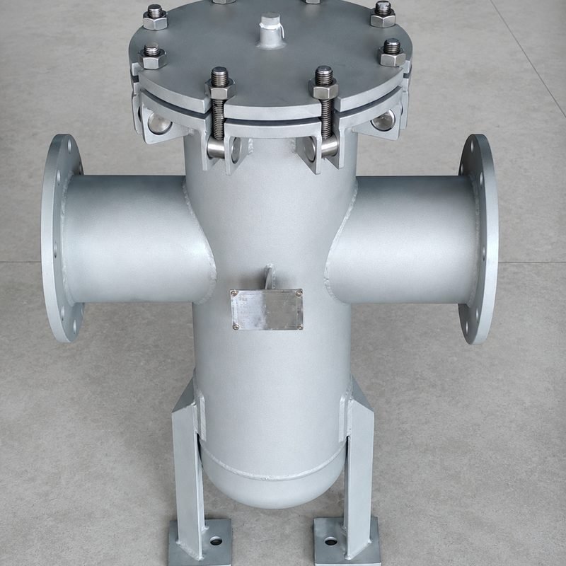 T-type bathtub strainer with bolted swing-bolt cover, flanged inlet and outlet branches, nameplate and welded support feet
