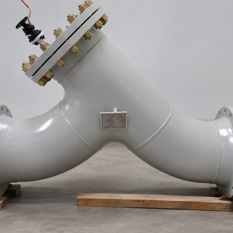 Large bore Y-type strainer in grey painted carbon steel with flanged inlet and outlet, bolted cover, blowdown valve and nameplate