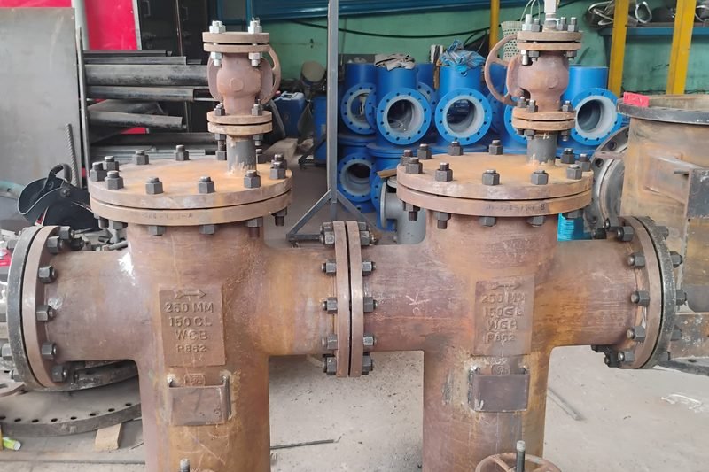 250NB duplex basket strainer assembly with isolation valves and pressure gauge