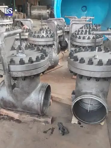 Pair of large bore gate valves with flanged connections on the shop floor