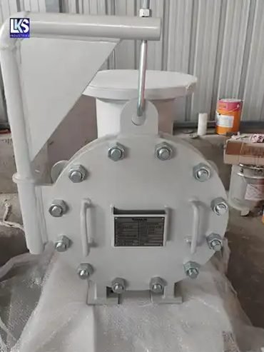 Strainer with nameplate and davit arm fitted, ready for inspection