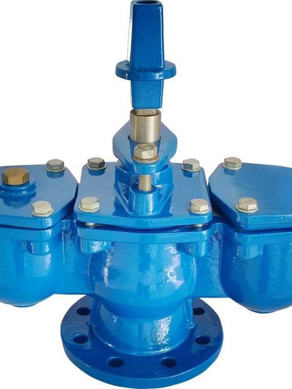 Double orifice air release valve with ductile iron body and flanged base
