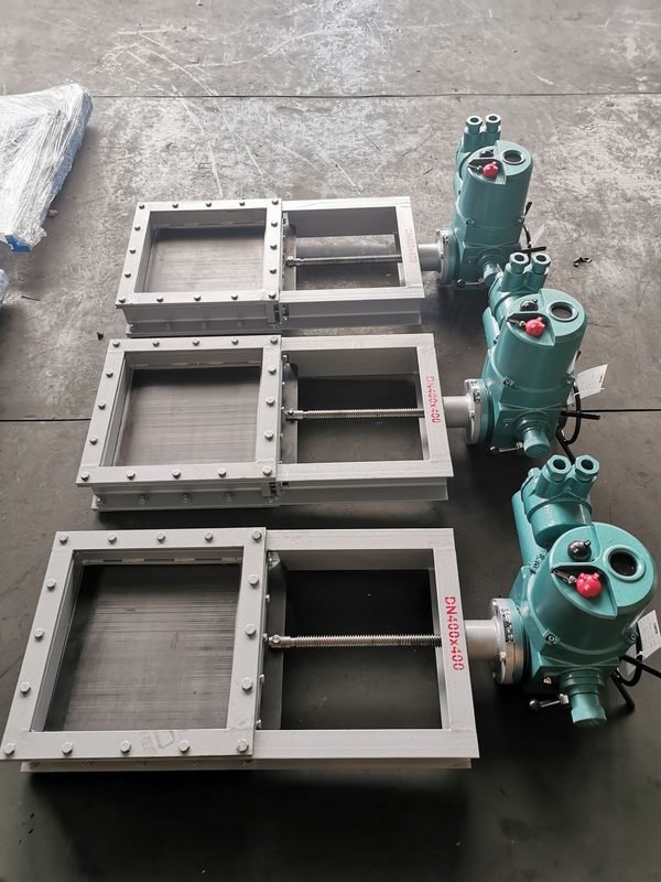 DN400 square slide gate valves with electric actuators, manufactured by LKS Industries